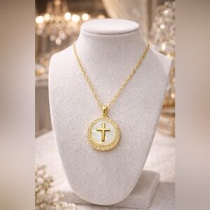 Elegant Mother-of-Pearl Gold Cross Halo Pendant Necklace